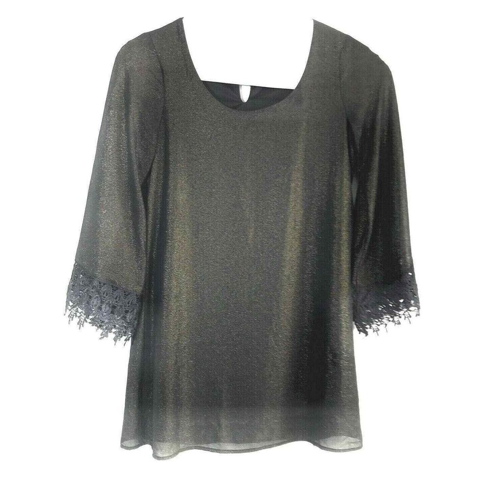 Solemio Party Mini Dress Womens Medium Black Shiny Gold Metallic Bell Sleeves
